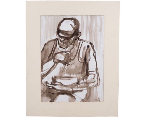 Colin Gard Allen (Carlisle, 1926-1987)"Miner study", a sketch of a stoic miner in cap and vest, taking bait, brush and ink, t