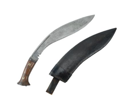 A British / Indian military kukri, its grips scales secured to the tang by means of steel rivets with brass washers, (un-mark
