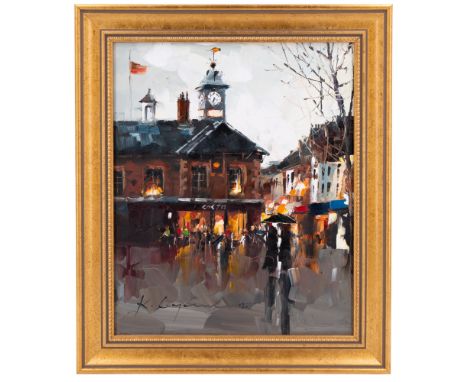 Kal Gajoum (b. 1968, Libya)A rainy, wintery, early evening Carlisle city centre prospect, looking past the Old Town Hall towa