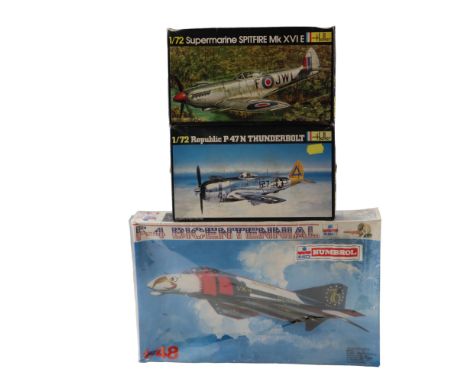 Two Heller model aeroplane kits comprising a Supermarine Spitfire MK XVIE and a Republic P-47N Thunderbolt, 1/72 scale, toget