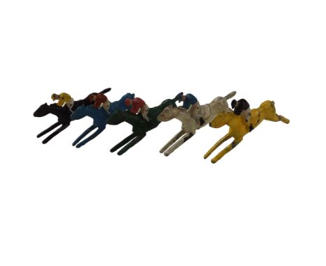 Five Chad Valley horse and jockey diecast figures, 8 cm x 4 cm, some (a/f)