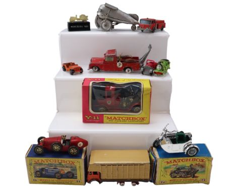 Three Matchbox "Models of Yesteryear" diecast vehicles including a 1914 Sunbeam Motor-Cycle with Milford Sidecar (Y-8), a 191