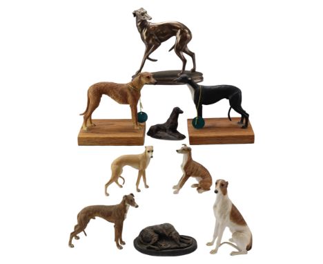 A group of Leonardo Collection cold cast bronze greyhounds together with a MacDonald bowl and a high relief oval portrait "Wh