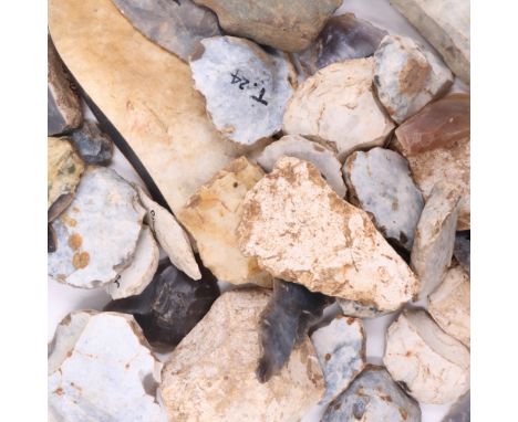 An old collection of Mesolithic / Neolithic flint tools including arrowheads, scrapers and blades, many bearing inscribed mus