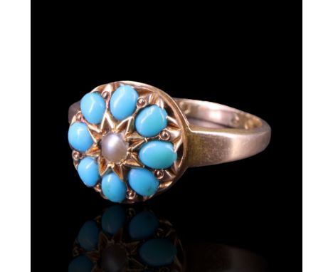 A late 19th / early 20th Century turquoise and seed pearl star-cluster ring, comprising a central pearl and turquoise cabocho
