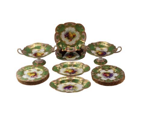 A 1920s Royal Worcester hand-painted dessert service, comprising two comports, two bowls and ten plates, each decorated with 
