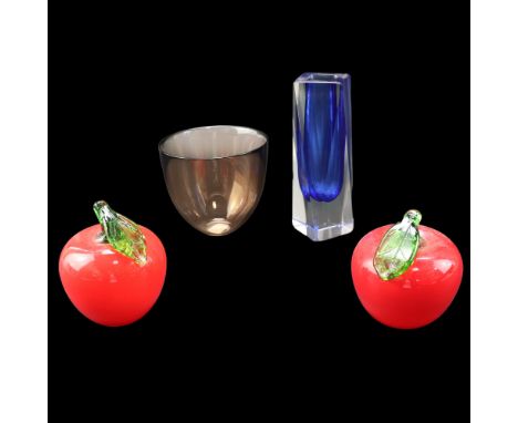 An Orrefors smoky glass bowl together with a studio glass vase and two glass apples, bowl 12 cm x 10 cm
