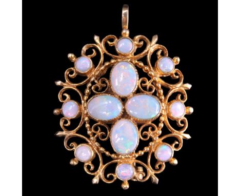 A 1970s large opal and 9 ct gold openwork pendant brooch, 33 x 29 mm, 7.4 g 