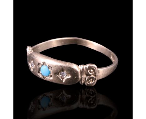 A Victorian-style turquoise-coloured cabochon and diamond finger ring, the central cabochon star-gypsy set between two flanki