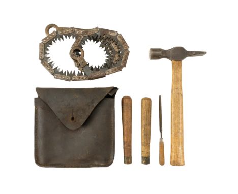 A Great War British army folding saw and case, together with a 1917 cross peen hammer