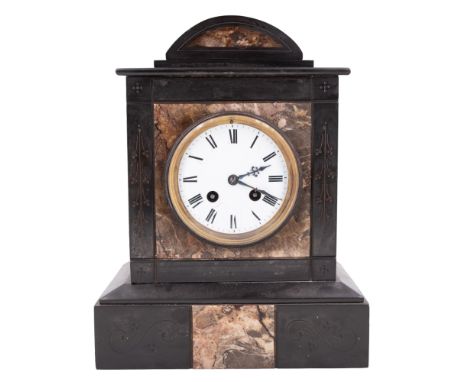 A Victorian polished-slate and variegated marble mantle clock by Japy Frères having a two-train movement striking on a bell, 