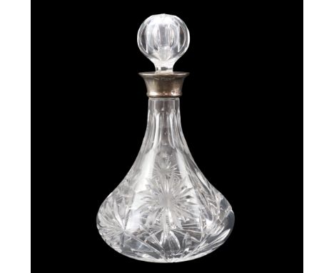 A 1970s silver-collared cut-glass Rodney or ship's decanter, Mappin &amp; Webb Ltd, Birmingham, 1973, 27 cm