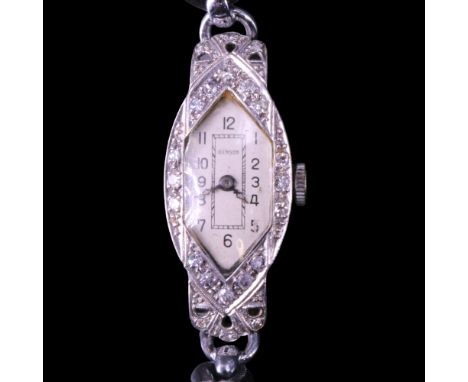 A cased 1920s lady's Benson Art Deco influenced diamond and precious white metal cocktail watch, having a 15 jewel movement, 