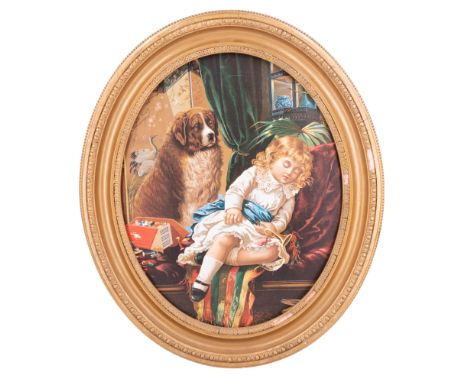 A child, with a halo of fair curls, sleeps peacefully, worn out from play and watched over by her dependable dog, stone litho