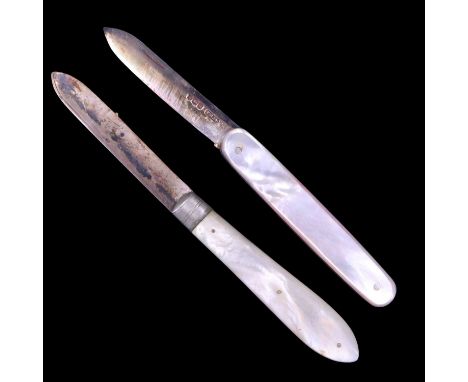 Two early 20th Century silver folding fruit knives, each having mother-of-pearl grip scales