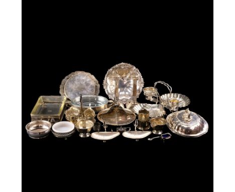 Sundry items of Victorian and later electroplate including a pair of shell butter dishes, a pair of Corinthian columnar candl