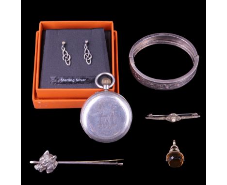 Four items of silver / white metal jewellery together with a silver half-hunter pocket watch and gilt-metal swivel fob includ