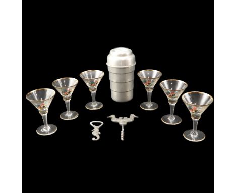 A set of six 1960s kitsch cocktail glasses and a cocktail shaker together with a Danish Just Anderson pewter seahorse bottle 