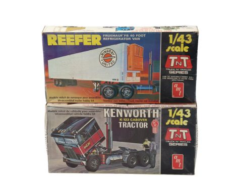 Two AMT Truck n Trailer series scale model kits comprising a Kenworth K-123 Cabover Tractor and a Reefer refrigerator van, 1/