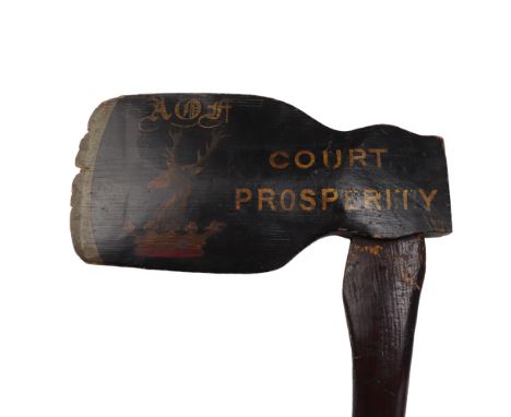 A Victorian / Edwardian Ancient Order of the Foresters ceremonial wooden axe, the head decorated with the society's crest of 