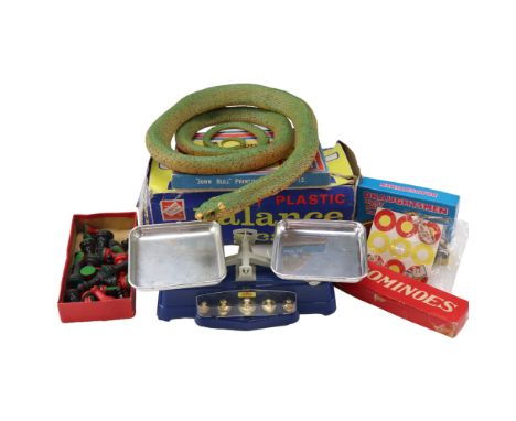 A group of vintage toys and games including toy plastic balance scales by Codeg, John Bull Printing Outfit No 12, dominoes, c