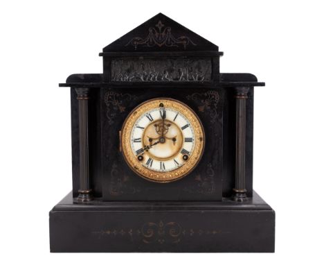 A Victorian classical architectural polished black slate mantel clock having an Ansonia movement with Broquot movement, 134 x