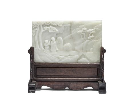 A LARGE PALE CELADON JADE TABLE SCREEN18th/19th centuryOf rectangular form, one side deeply carved to depict a scholar beside
