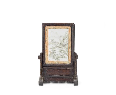 A HONGMU TABLE SCREEN INSET WITH AN EN-GRISAILLE PORCELAIN PANEL19th centuryThe porcelain panel depicting a scene of figures 
