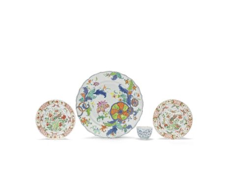 A GROUP OF POLYCHROME ENAMELLED WARESKangxi and 18th centuryComprising: a doucai 'dragon and lotus' cup; a pair of famille ve