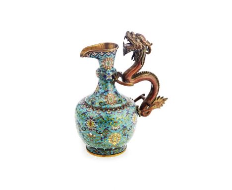 A CLOISONNÉ ENAMEL DRAGON-HANDLED EWER19th centuryDecorated with scrolling lotus flowers below ruyi-head borders at the shoul