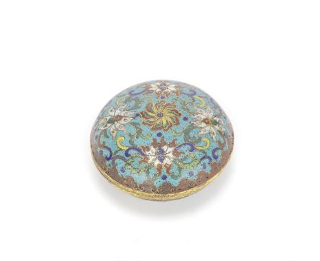 A CLOISONNÉ ENAMEL CIRCULAR BOX AND COVERQianlongDecorated with polychrome lotus sprays borne on leafy stems, surrounding a c