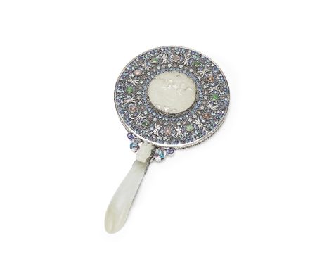 A SILVER FILIGREE, ENAMEL AND JADE HAND MIRRORLate Qing DynastyWith pale green jade dragon head belt hook handle and inset re