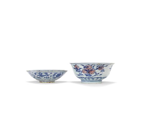 A BLUE AND WHITE AND COPPER RED 'SANDUO' BOWL AND A BLUE AND WHITE FLORAL BOWLQianlong minyao seal mark and of the period and