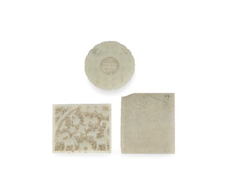 A RETICULATED JADE 'DEER' PLAQUE AND TWO FURTHER PLAQUESMing Dynasty to 19th centuryThe first carved in openwork with two dee
