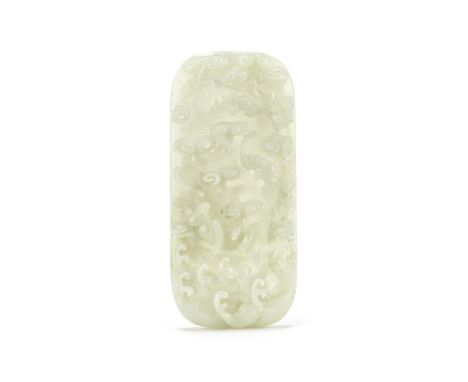 A CARVED PALE CELADON JADE 'BATS' PANEL19th centuryOf rectangular oval form, incised with three bats flying among scrolling c