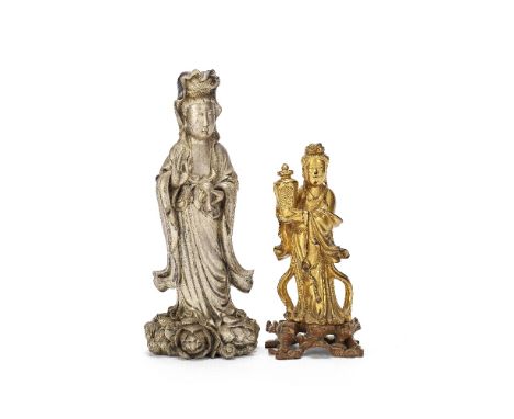 TWO GILT-DECORATED FOOCHOW LACQUER GUANYIN FIGURESEarly 20th CenturyEach standing in flowing robes holding a vase, the larger