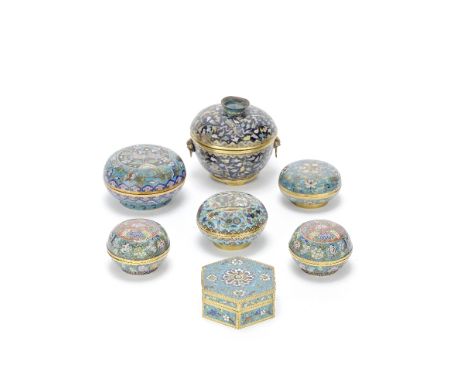 A GROUP OF SEVEN CLOISONNÉ ENAMEL BOXES AND COVERSQing DynastyComprising: a pair of rounded boxes and covers with a central r