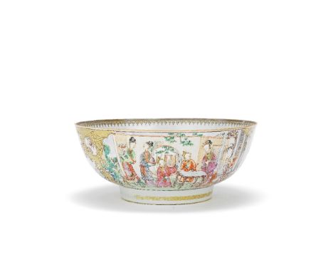 A FAMILLE ROSE PUNCH BOWLQianlongDecorated with gatherings of ladies, gentlemen and attendants in a pavilion garden and on a 