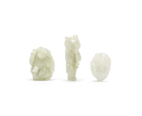 THREE JADE 'BOYS' CARVINGS19th/20th centuryComprising: a jade carving of a boy standing with a monkey clambering over his lef