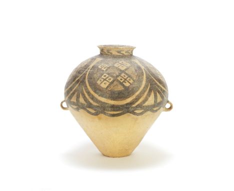 A LARGE NEOLITHIC POTTERY OVOID JARProbably Majiayao Yangshao Culture Gansu 2300 - 2000 B.C.The brown and tan earthenware jar