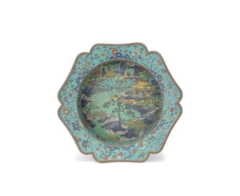 A LARGE CLOISONNÉ ENAMEL LOBED BASIN17th/18th centuryThe rounded sides rising from a short foot to an everted rim divided int