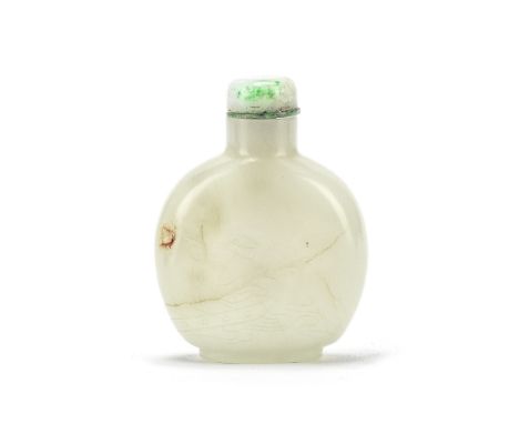 A WHITE JADE 'FISHERMAN' SNUFF BOTTLE19th centuryOf rounded form, incised on one side to depict a fisherman fishing off the e