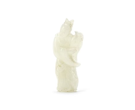 A WHITE JADE CARVING OF A LADY19th centuryStanding in flowing robes holding aloft a vase to her left side.9cm (3 1/2in) highF