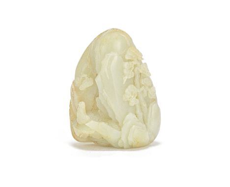 A PALE CELADON JADE 'MOUNTAIN' BOULDER CARVING20th centuryDeeply carved in the round to depict a scholar sitting before a str