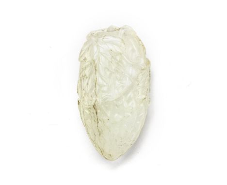 A WHITE JADE 'BITTER MELON' CARVING19th centuryThe fruit carved in the round, borne on a leafy stem with attendant tendrils, 