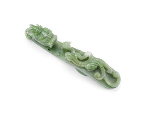 A SPINACH JADE 'CHILONG' BELT HOOK18th/19th centuryCarved and pierced with a chilong crawling along the shaft towards the dra