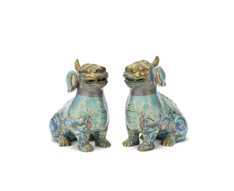 A PAIR OF CLOISONNÉ ENAMEL LUDUAN19th centuryEach similarly modelled sitting on their haunches with the head slightly raised 