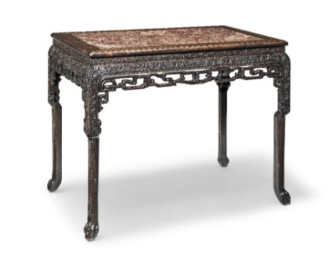 AN UNUSUAL BRASS-INLAID HONGMU MARBLE TOPPED TABLE19th centuryThe separate top inset with a variegated pink marble panel, wit