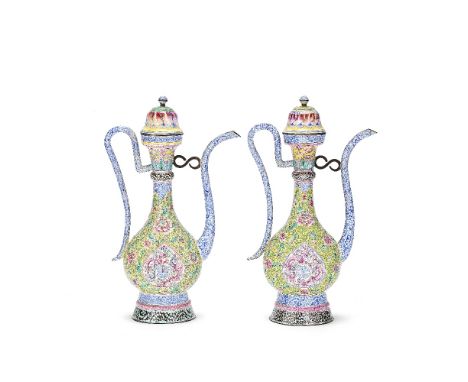 A PAIR OF PAINTED ENAMEL EWERS AND COVERS18th/19th centuryEach of Middle Eastern form, with an elongated pear-shaped body, do
