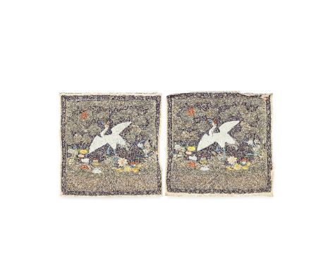 A PAIR OF KESI FIRST CIVIL OFFICIAL'S 'CRANE' RANK BADGES, BUZI19th centuryEach with a crane perched on rockwork amidst crash